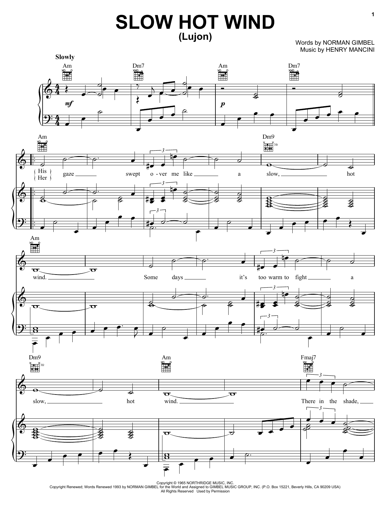 Norman Gimbel Slow Hot Wind (Lujon) Sheet Music Notes & Chords for Piano, Vocal & Guitar (Right-Hand Melody) - Download or Print PDF