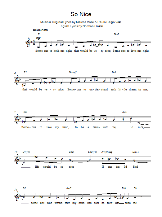 Paulo Sergio Valle So Nice Sheet Music Notes & Chords for Melody Line, Lyrics & Chords - Download or Print PDF