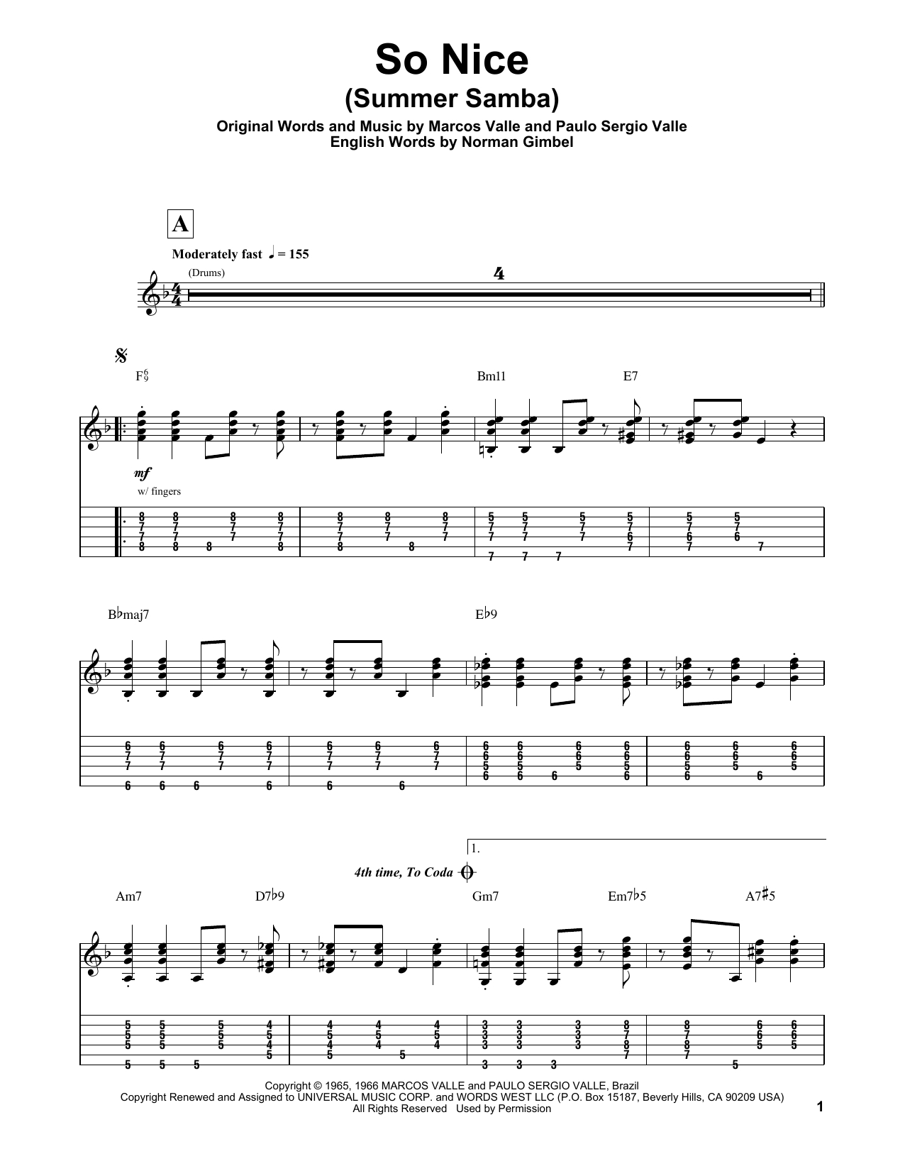 Norman Gimbel So Nice (Summer Samba) Sheet Music Notes & Chords for Guitar Tab Play-Along - Download or Print PDF