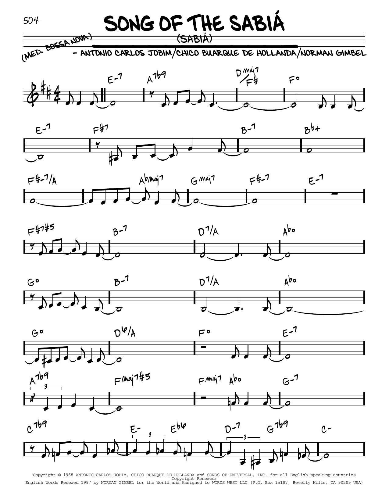 Norman Gimbel Song Of The Sabiá (Sabiá) Sheet Music Notes & Chords for Real Book – Melody & Chords - Download or Print PDF