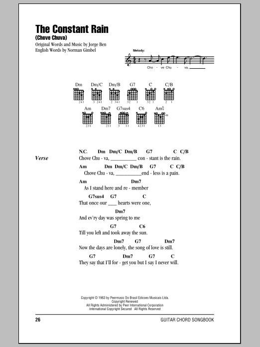 Norman Gimbel The Constant Rain (Chove Chuva) Sheet Music Notes & Chords for Melody Line, Lyrics & Chords - Download or Print PDF