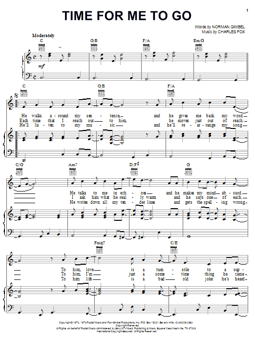 Norman Gimbel Time For Me To Go Sheet Music Notes & Chords for Piano, Vocal & Guitar (Right-Hand Melody) - Download or Print PDF