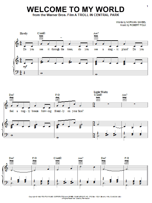 Norman Gimbel Welcome To My World Sheet Music Notes & Chords for Piano, Vocal & Guitar (Right-Hand Melody) - Download or Print PDF