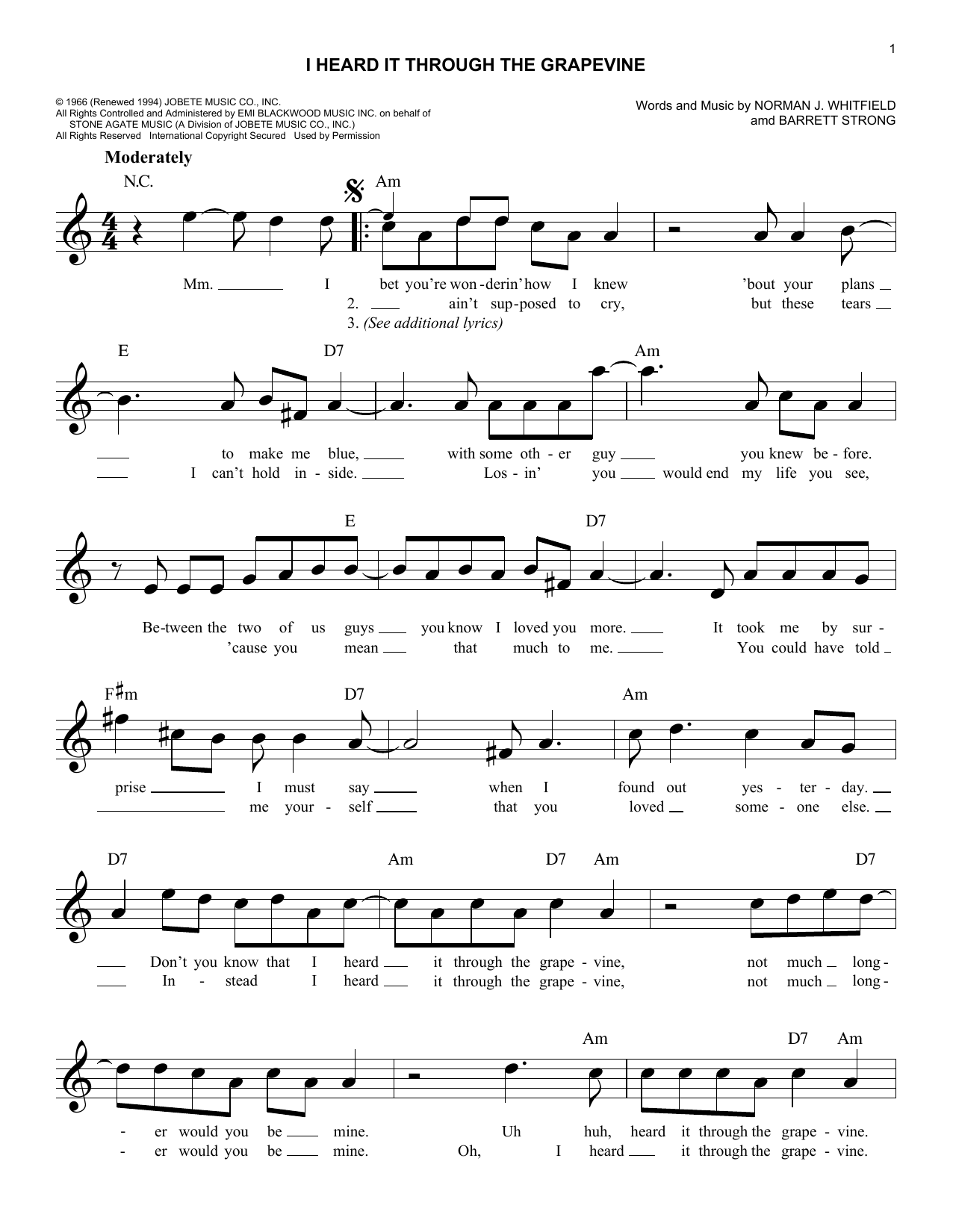 Norman J. Whitfield I Heard It Through The Grapevine Sheet Music Notes & Chords for Melody Line, Lyrics & Chords - Download or Print PDF