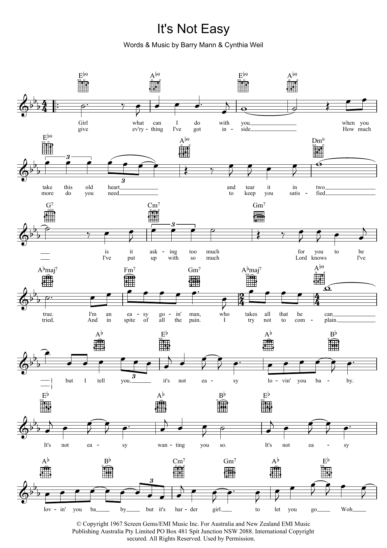 Normie Rowe It's Not Easy Sheet Music Notes & Chords for Melody Line, Lyrics & Chords - Download or Print PDF