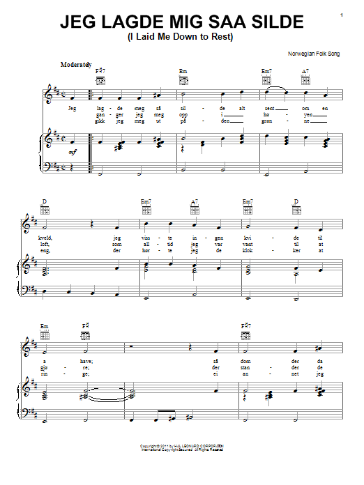 Norwegian Folksong Jeg Lagde Mig Saa Silde (I Laid Me Down To Rest) Sheet Music Notes & Chords for Piano, Vocal & Guitar (Right-Hand Melody) - Download or Print PDF
