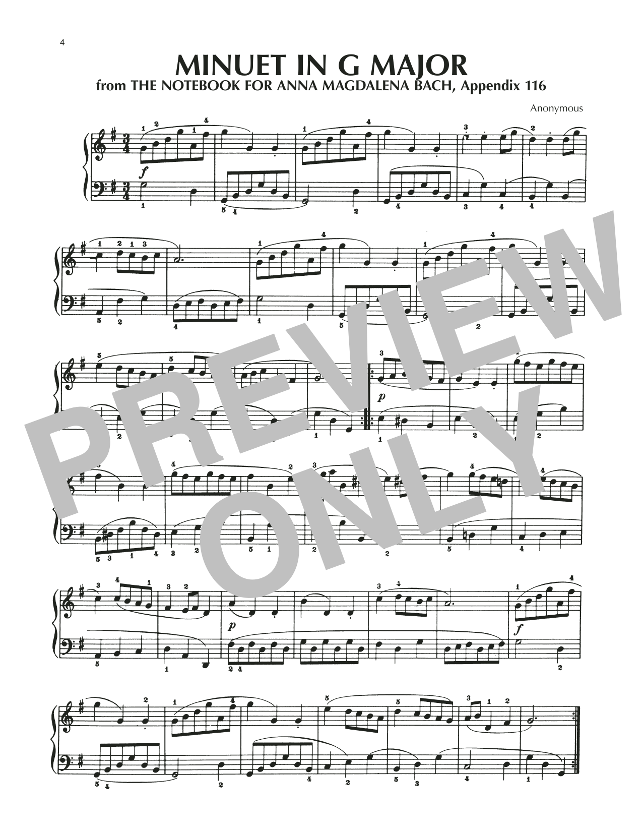 Notebook for Anna Magdalena Bach Minuet In G Major, BWV Appendix 116 Sheet Music Notes & Chords for Piano Solo - Download or Print PDF