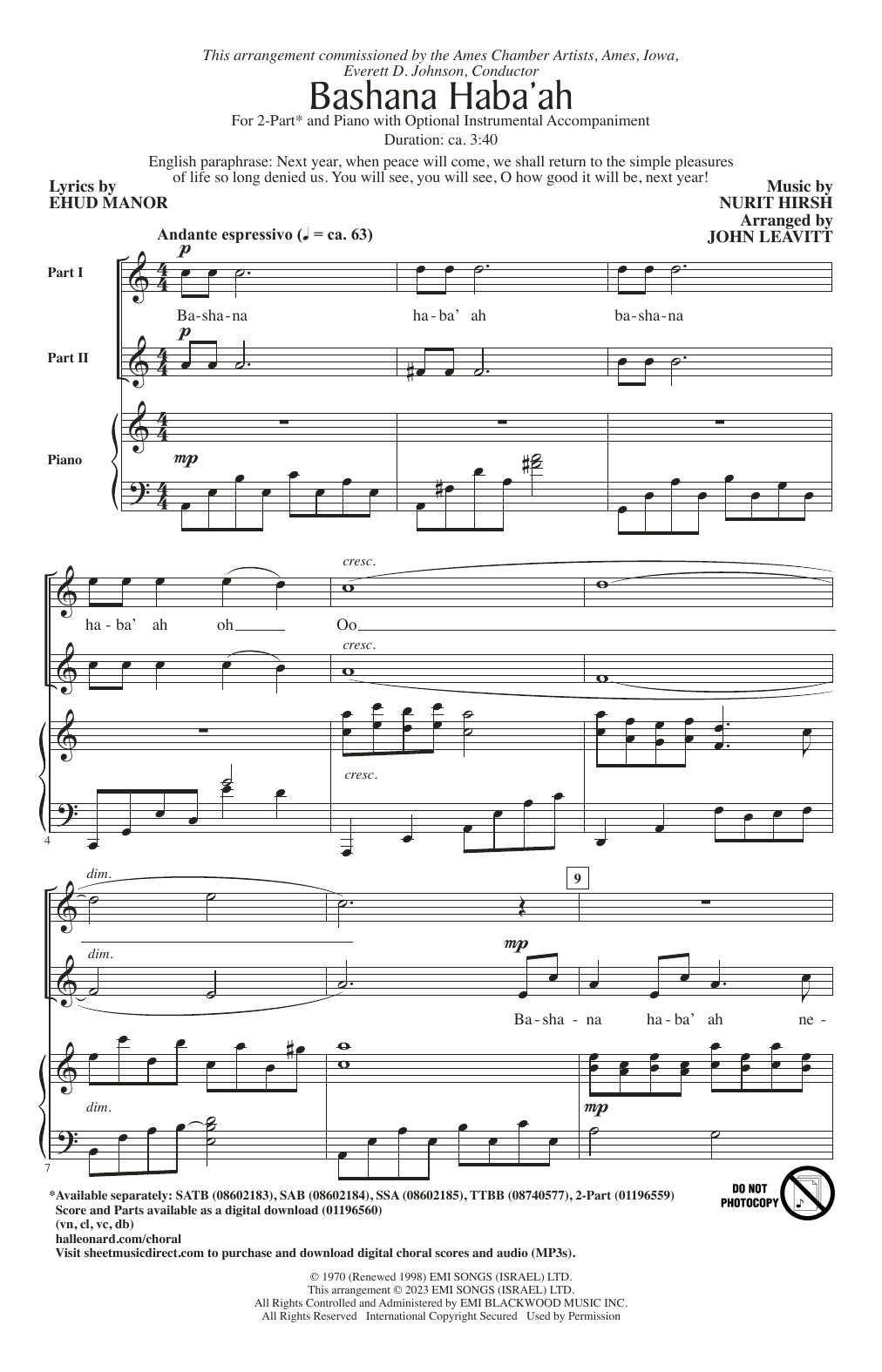Nurit Hirsh Bashana Haba 'Ah (arr. John Leavitt) Sheet Music Notes & Chords for 2-Part Choir - Download or Print PDF