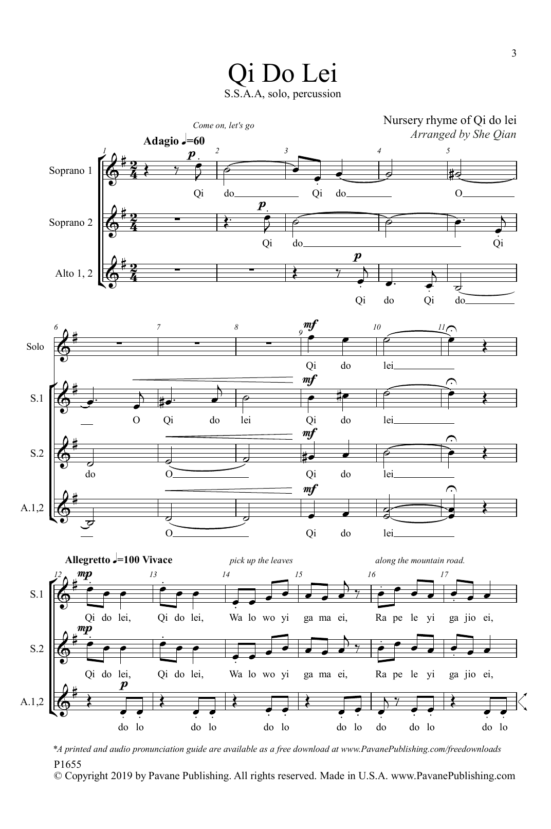 Nursery rhyme of Qi do lei Qi Do Lei (arr. She Qian) Sheet Music Notes & Chords for SSA Choir - Download or Print PDF