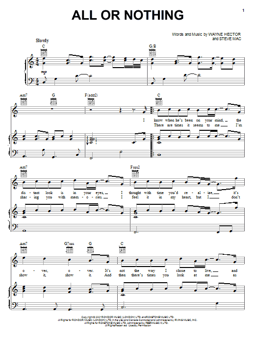 O-Town All Or Nothing Sheet Music Notes & Chords for Piano, Vocal & Guitar (Right-Hand Melody) - Download or Print PDF