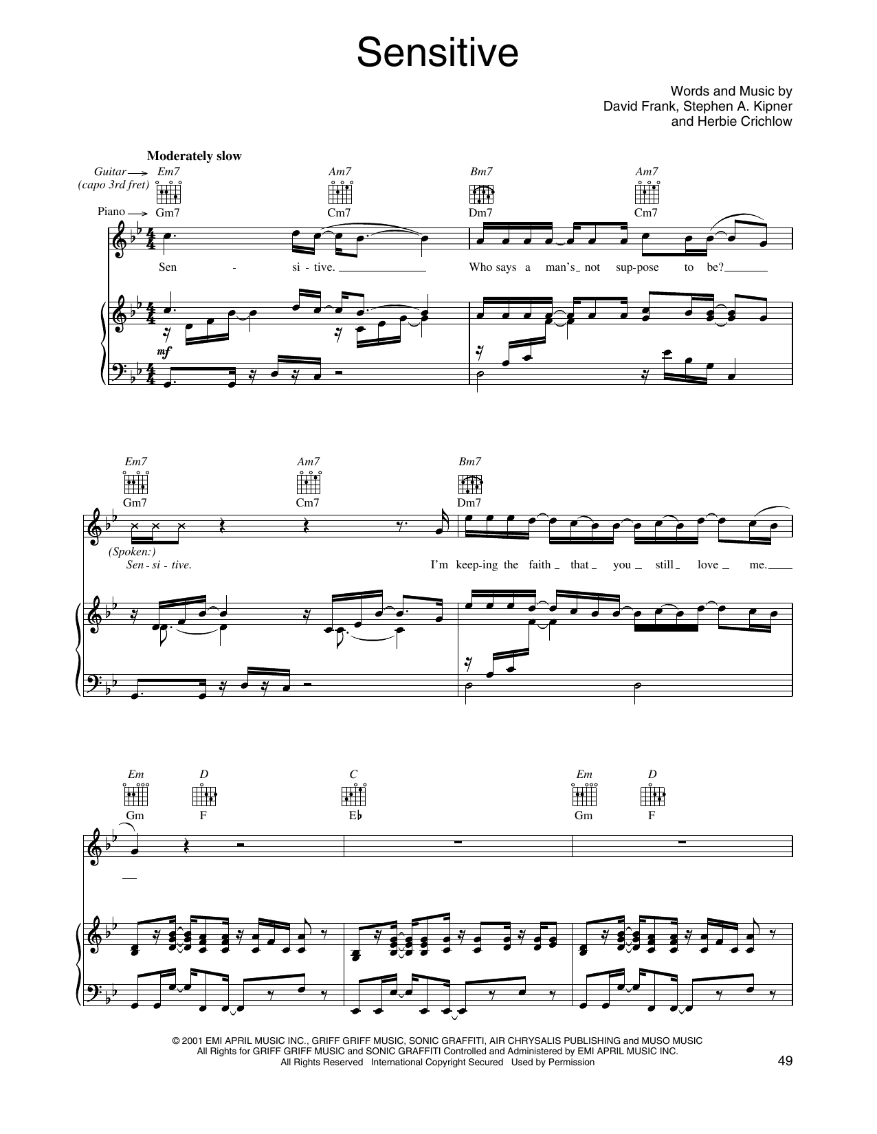 O-Town Sensitive Sheet Music Notes & Chords for Piano, Vocal & Guitar Chords (Right-Hand Melody) - Download or Print PDF