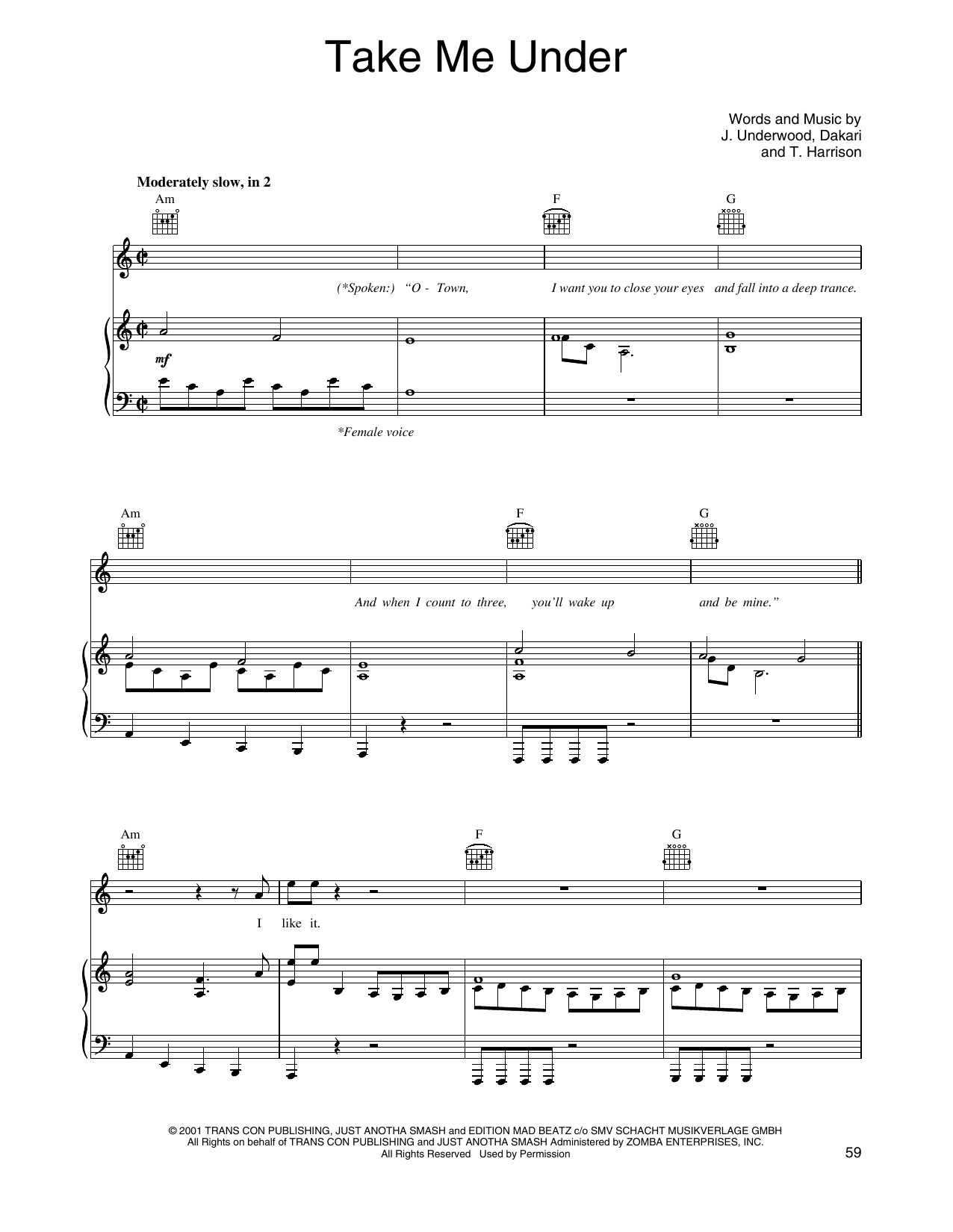 O-Town Take Me Under Sheet Music Notes & Chords for Piano, Vocal & Guitar Chords (Right-Hand Melody) - Download or Print PDF