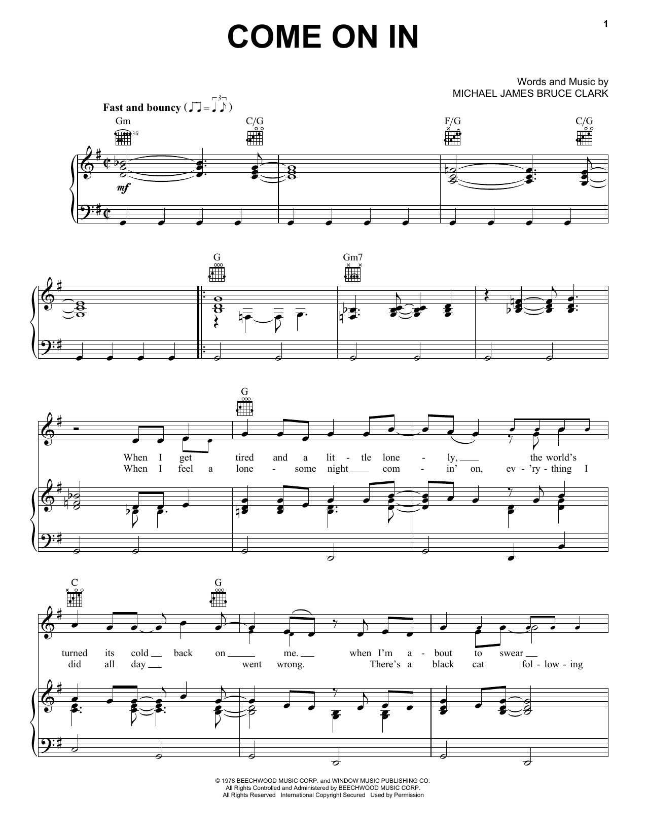 Oak Ridge Boys Come On In Sheet Music Notes & Chords for Piano, Vocal & Guitar Chords (Right-Hand Melody) - Download or Print PDF