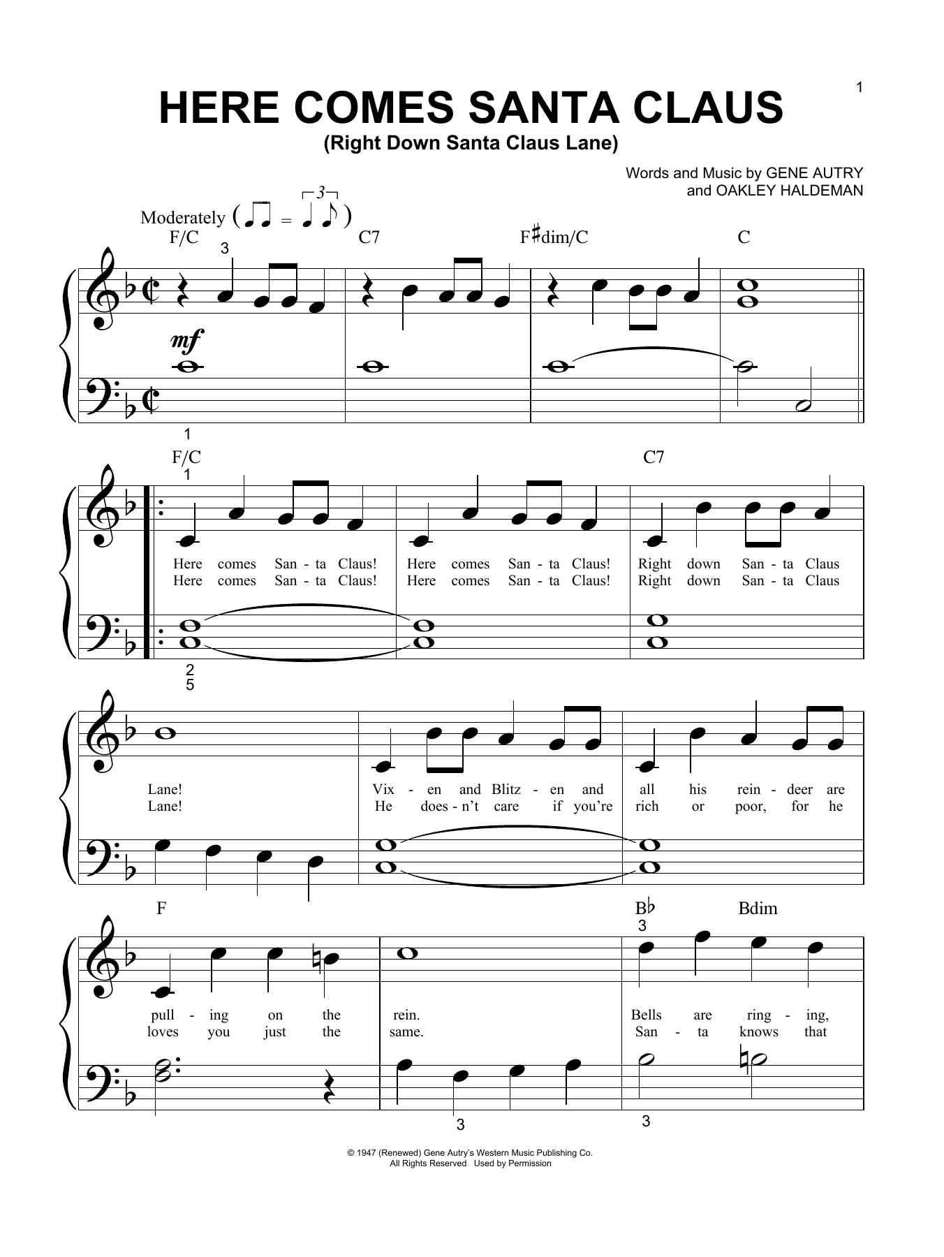 Oakley Haldeman Here Comes Santa Claus (Right Down Santa Claus Lane) Sheet Music Notes & Chords for Piano (Big Notes) - Download or Print PDF