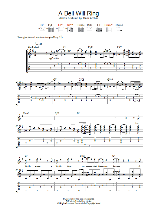 Oasis A Bell Will Ring Sheet Music Notes & Chords for Piano, Vocal & Guitar (Right-Hand Melody) - Download or Print PDF