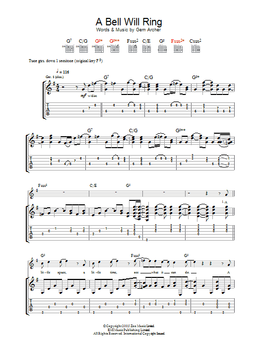 Oasis A Bell Will Ring Sheet Music Notes & Chords for Guitar Tab - Download or Print PDF