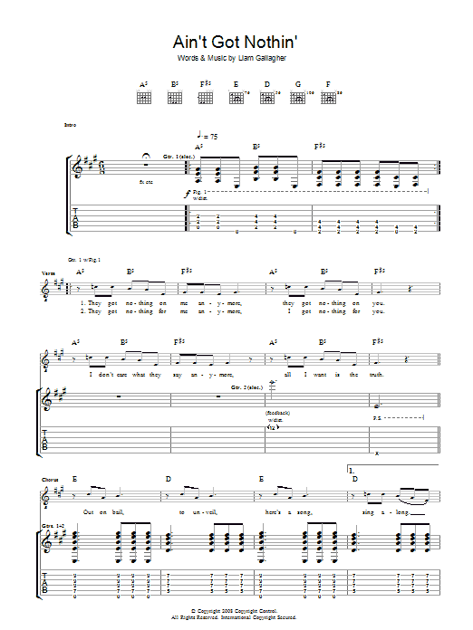 Oasis Ain't Got Nothin' Sheet Music Notes & Chords for Melody Line, Lyrics & Chords - Download or Print PDF