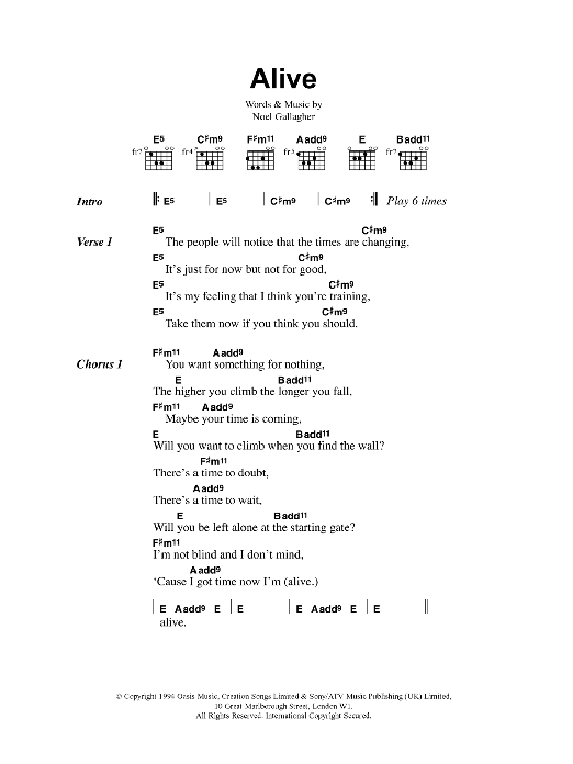 Oasis Alive Sheet Music Notes & Chords for Lyrics & Chords - Download or Print PDF