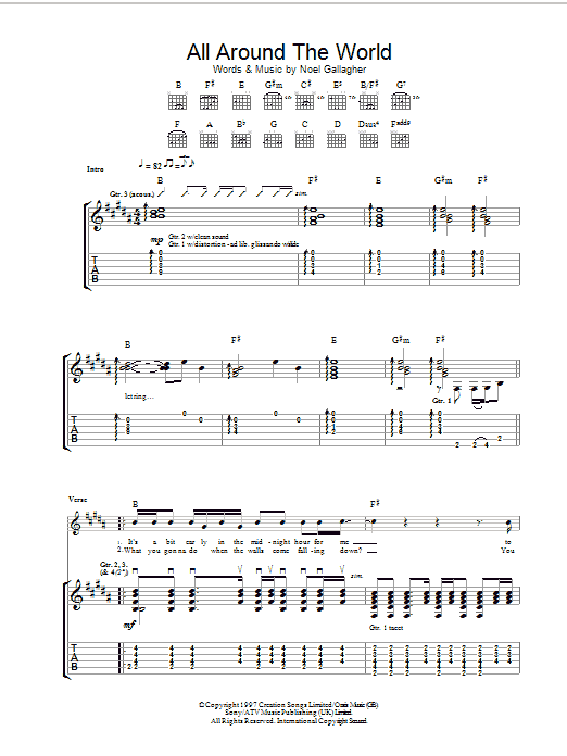 Oasis All Around The World Sheet Music Notes & Chords for Guitar Tab - Download or Print PDF