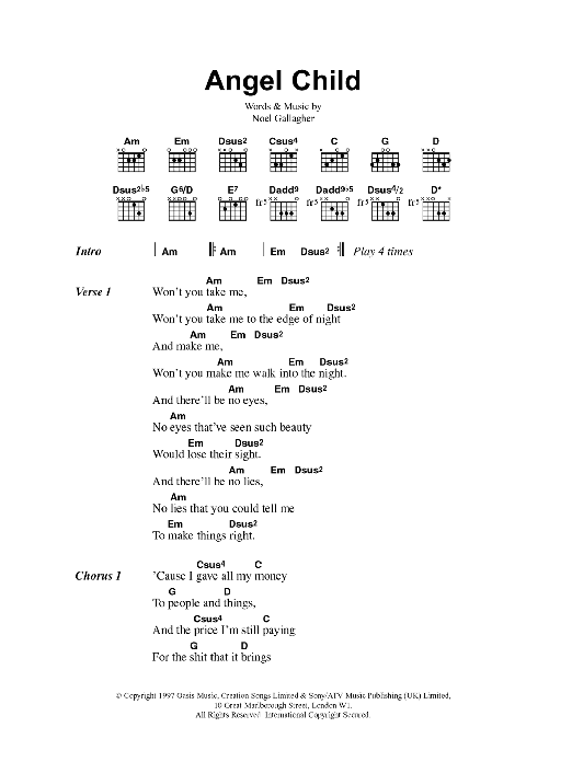 Oasis Angel Child Sheet Music Notes & Chords for Lyrics & Chords - Download or Print PDF