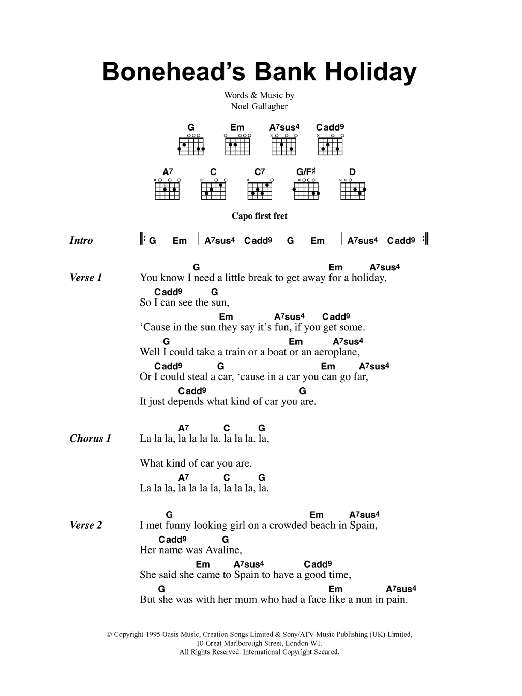 Oasis Bonehead's Bank Holiday Sheet Music Notes & Chords for Lyrics & Chords - Download or Print PDF