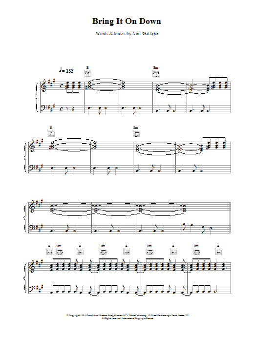 Oasis Bring It On Down Sheet Music Notes & Chords for Piano, Vocal & Guitar (Right-Hand Melody) - Download or Print PDF