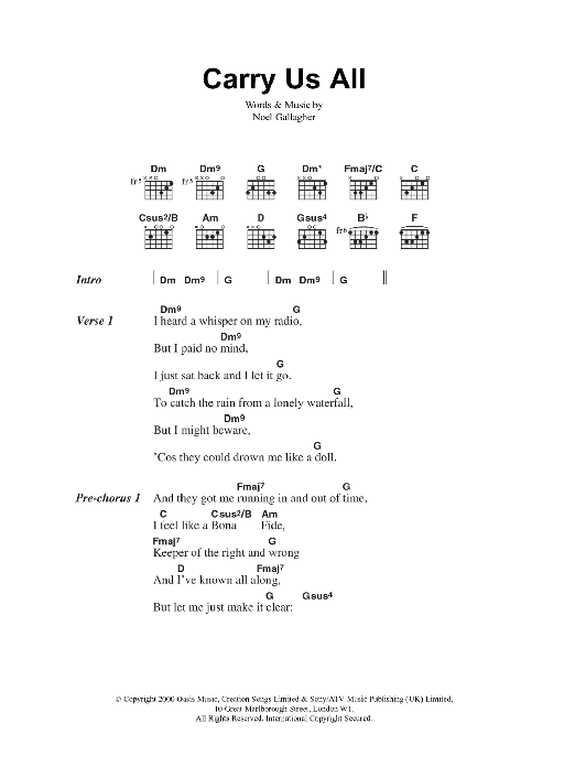 Oasis Carry Us All Sheet Music Notes & Chords for Lyrics & Chords - Download or Print PDF