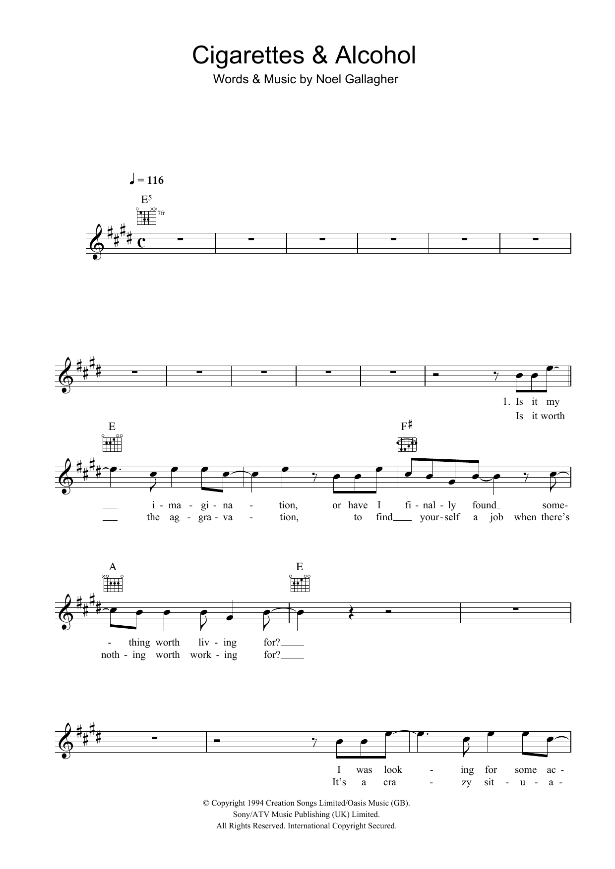 Oasis Cigarettes and Alcohol Sheet Music Notes & Chords for Guitar Chords/Lyrics - Download or Print PDF
