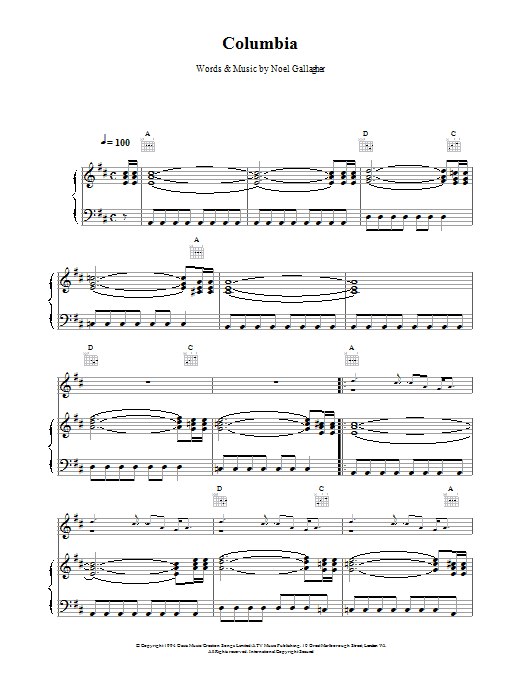 Oasis Columbia Sheet Music Notes & Chords for Lyrics & Chords - Download or Print PDF