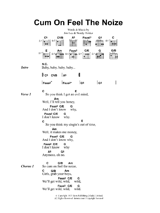 Oasis Cum On Feel The Noize Sheet Music Notes & Chords for Lyrics & Chords - Download or Print PDF