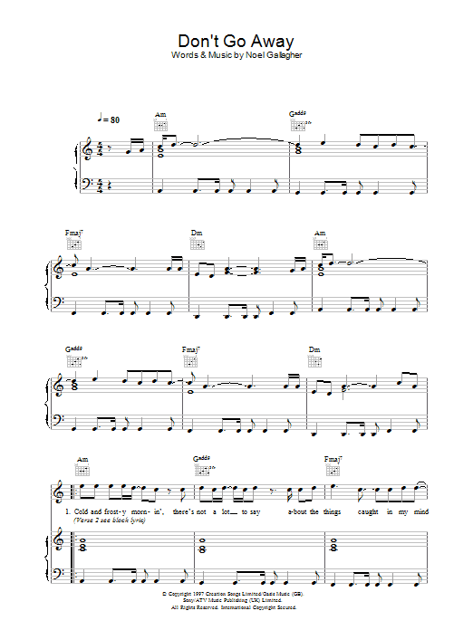 Oasis Don't Go Away Sheet Music Notes & Chords for Piano, Vocal & Guitar - Download or Print PDF