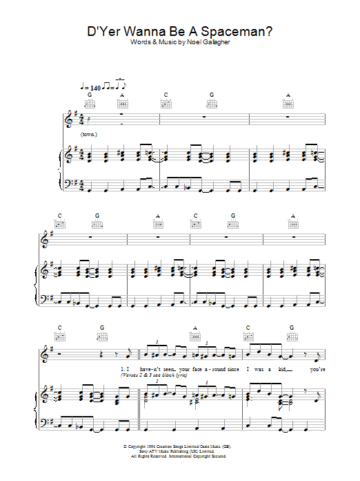 Oasis D'Yer Wanna Be A Spaceman? Sheet Music Notes & Chords for Lyrics & Chords - Download or Print PDF