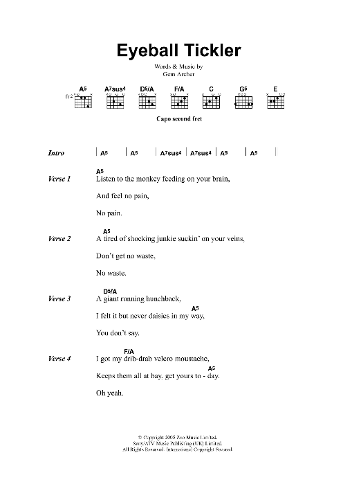 Oasis Eyeball Tickler Sheet Music Notes & Chords for Lyrics & Chords - Download or Print PDF Oasis Eyeball Tickler Sheet Music Notes & Chords for Lyrics & Chords - Download or Print PDF