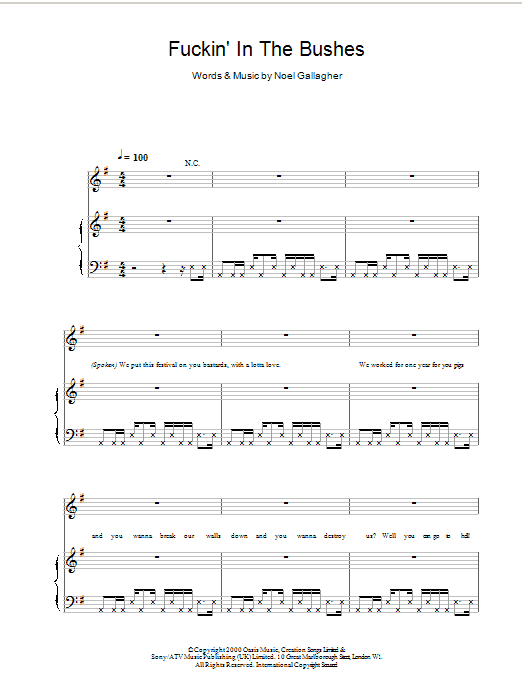 Oasis F***in' In The Bushes Sheet Music Notes & Chords for Piano, Vocal & Guitar (Right-Hand Melody) - Download or Print PDF