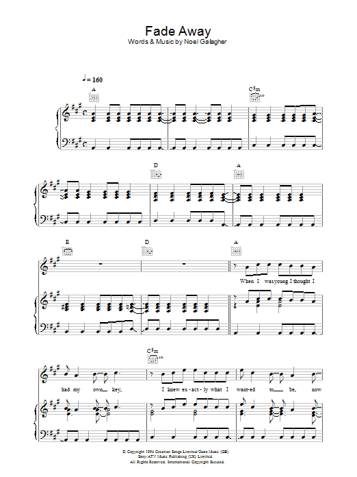 Oasis Fade Away Sheet Music Notes & Chords for Piano, Vocal & Guitar (Right-Hand Melody) - Download or Print PDF