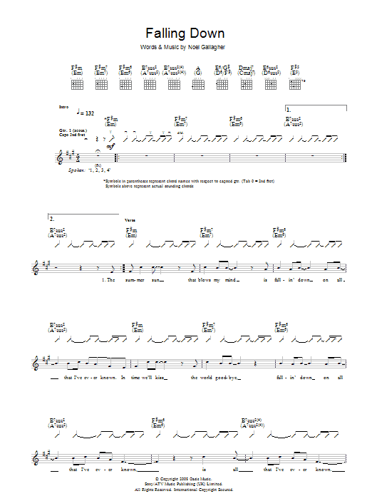 Oasis Falling Down Sheet Music Notes & Chords for Guitar Tab - Download or Print PDF