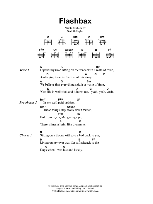 Oasis Flashbax Sheet Music Notes & Chords for Lyrics & Chords - Download or Print PDF