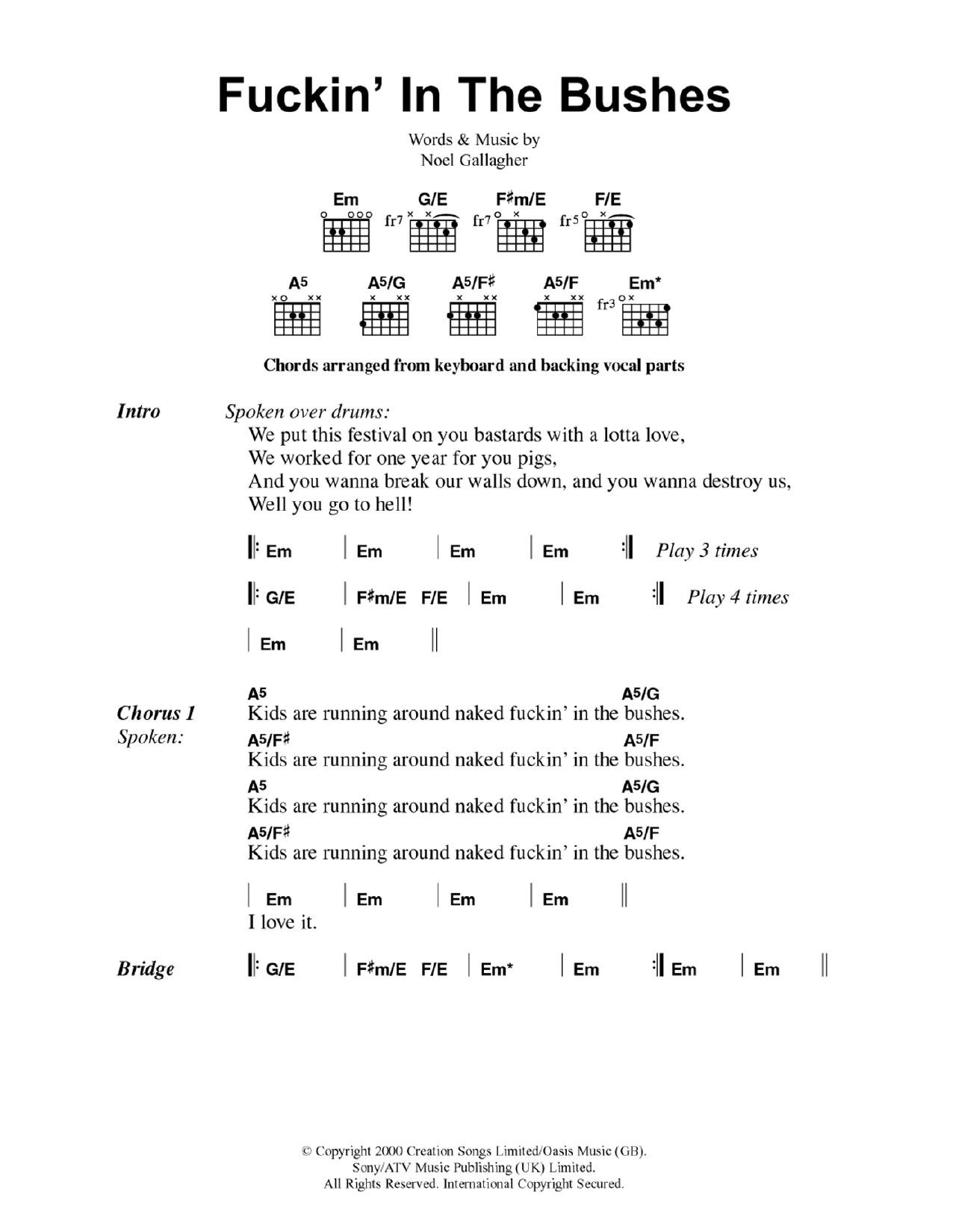 Oasis Fuckin' In The Bushes Sheet Music Notes & Chords for Guitar Chords/Lyrics - Download or Print PDF