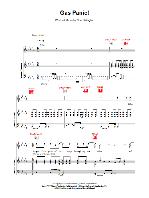 Oasis Gas Panic! Sheet Music Notes & Chords for Piano, Vocal & Guitar - Download or Print PDF