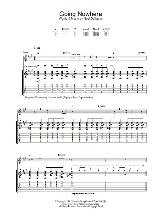 Oasis Going Nowhere Sheet Music Notes & Chords for Piano, Vocal & Guitar (Right-Hand Melody) - Download or Print PDF