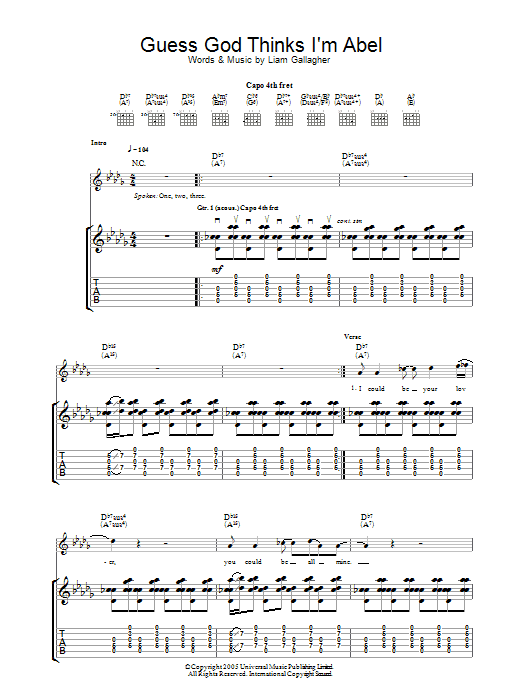 Oasis Guess God Thinks I'm Abel Sheet Music Notes & Chords for Piano, Vocal & Guitar (Right-Hand Melody) - Download or Print PDF