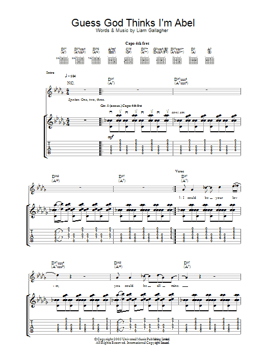 Oasis Guess God Thinks I'm Abel Sheet Music Notes & Chords for Lyrics & Chords - Download or Print PDF