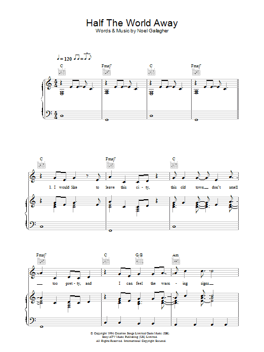 Oasis Half The World Away Sheet Music Notes & Chords for Beginner Piano - Download or Print PDF
