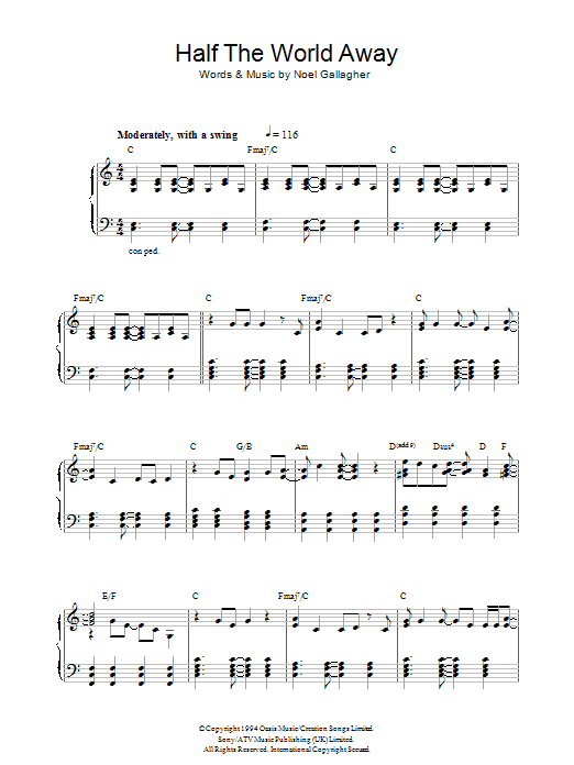 Oasis Half The World Away Sheet Music Notes & Chords for Piano - Download or Print PDF