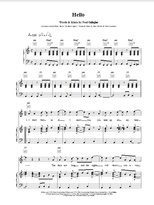 Oasis Hello Sheet Music Notes & Chords for Piano, Vocal & Guitar (Right-Hand Melody) - Download or Print PDF