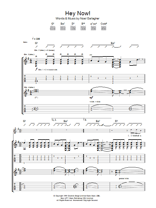 Oasis Hey Now Sheet Music Notes & Chords for Guitar Tab - Download or Print PDF