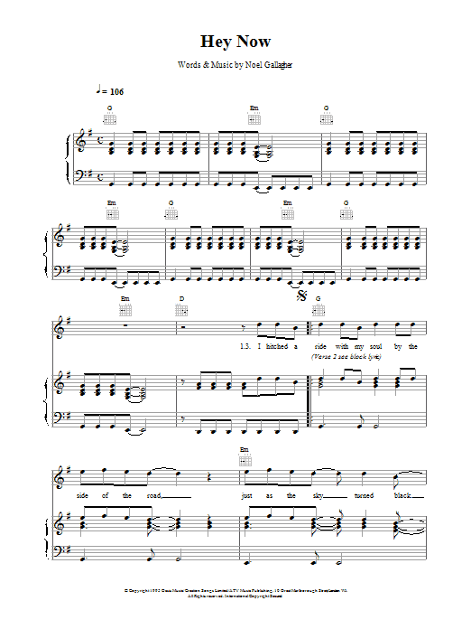Oasis Hey Now! Sheet Music Notes & Chords for Piano, Vocal & Guitar (Right-Hand Melody) - Download or Print PDF