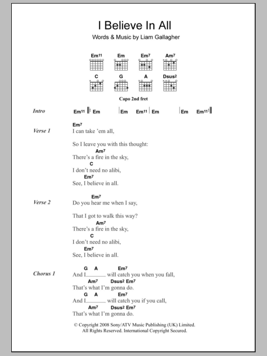 Oasis I Believe In All Sheet Music Notes & Chords for Lyrics & Chords - Download or Print PDF