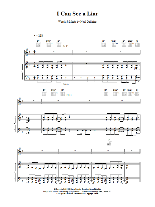 Oasis I Can See A Liar Sheet Music Notes & Chords for Lyrics & Chords - Download or Print PDF