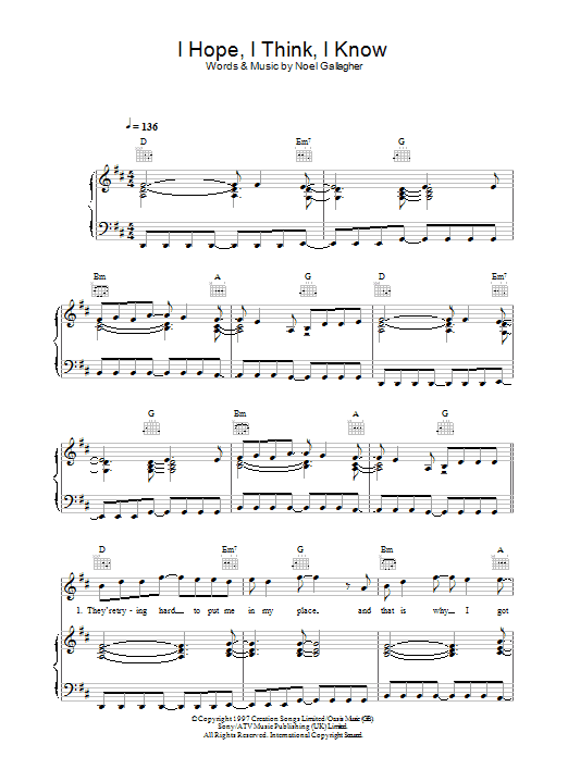 Oasis I Hope, I Think, I Know Sheet Music Notes & Chords for Piano, Vocal & Guitar - Download or Print PDF